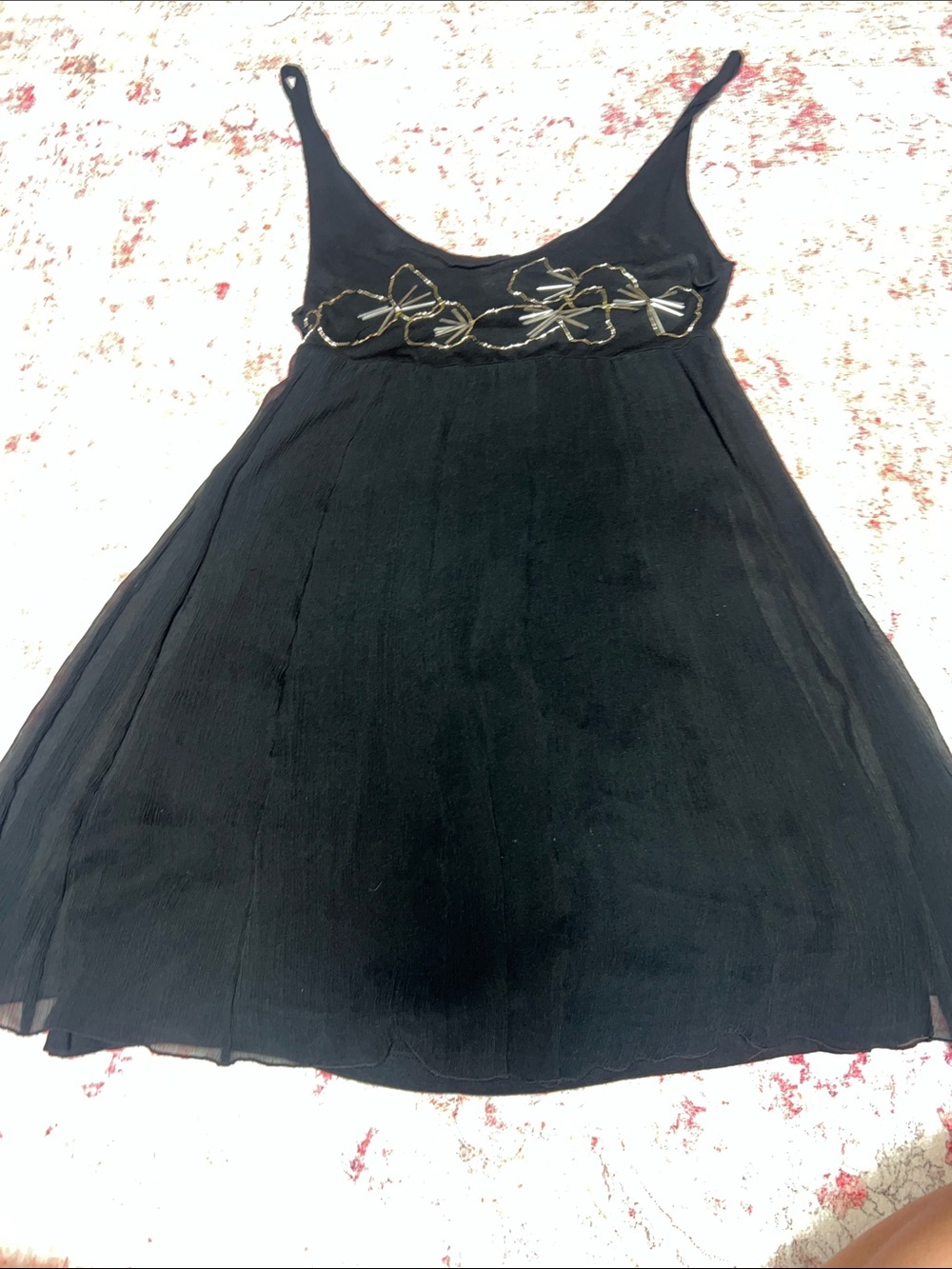 Black Babydoll Mini Dress with Gold Floral Embellishment